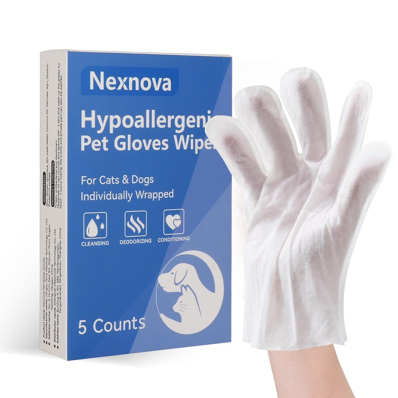 Nexnova Glove Wet Wipes for Pets Dogs and Cats, 5 pcs, Cleaning Deodorizing Bathing Hypoallergenic Grooming Unscented