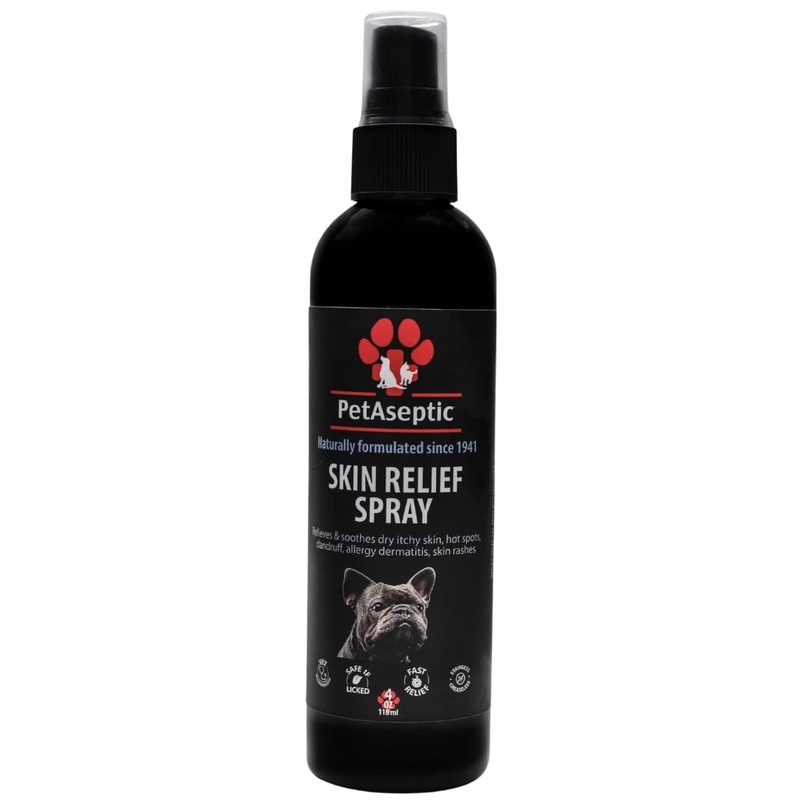 Skin Relief Spray for Dogs | Relieves Dry Itchy Skin, Hot Spots, Dandruff, Allergy Dermatitis, & Skin Rashes | Clear, Stainless, & Greaseless | Provides Fast, Temporary Relief | 4oz Spray