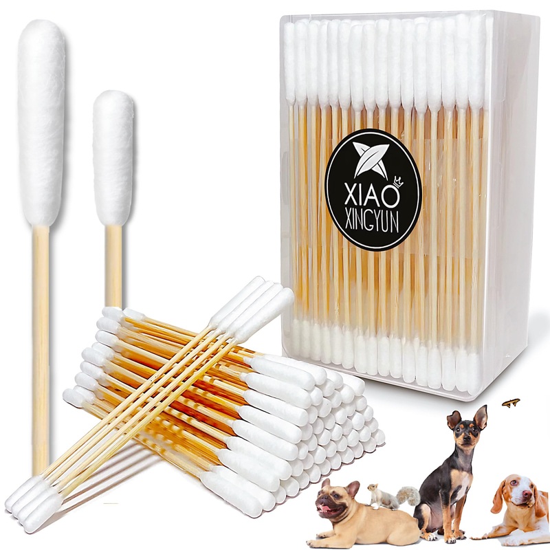 100 PCS 6 Inch Long Cotton Swabs in Box – Professional Large Cotton Swabs with Bamboo Handle – Double Sided Dog Ear Swabs – Specially Designed Big Cotton Swabs for Dog Ear, Cleaning Solution Double Round-100 PCS