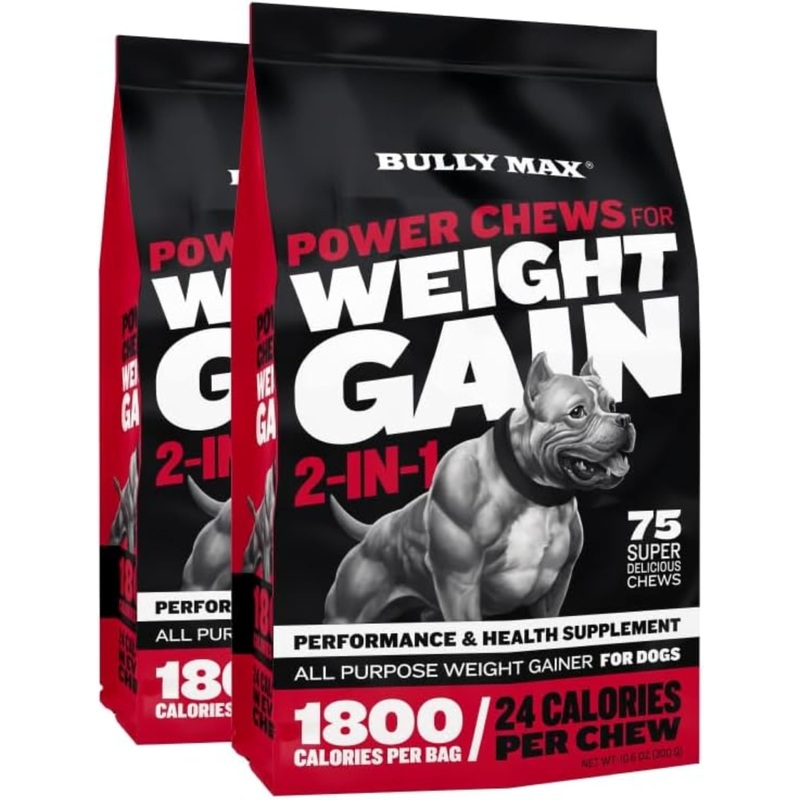 Bully Max Dog Weight Gainer Chews – High Calorie Health Supplement for Healthy Weight Gain, Immunity & Digestive Health for All Breeds & Ages – 2 Packs, 75 Soft & Tasty Chews per Pack