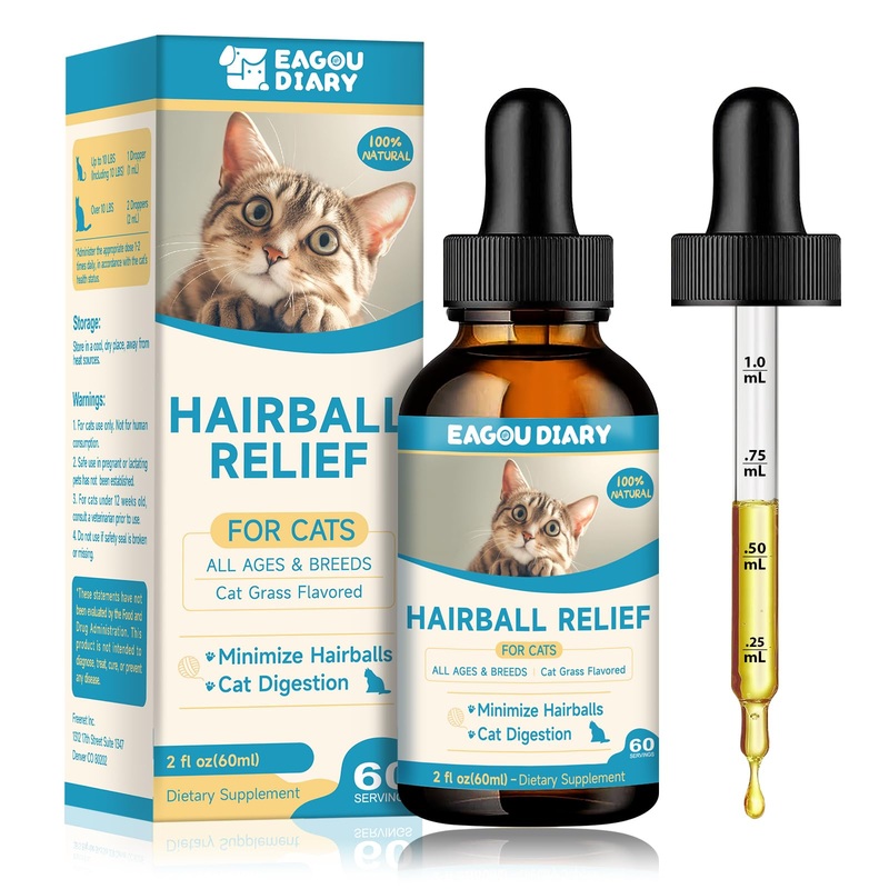 Hairballs Control for Cats – Hairball Treatment for Cats, Digestive Support, Supplements with Psyllium Husk, Fibers, Enzyme, Taurine, Vitamins, 60ml Drops for Feline Constipation Relief, Anti Shed