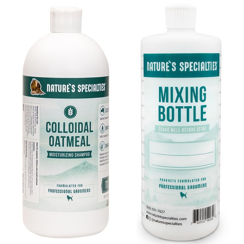 Nature’s Specialties Mixing Bottle and Dog Shampoo Concentrate Bundle, Easy to Read Measurements Mixing Bottle 32 oz, Colloidal Oatmeal Creme Rinse Dog Conditioner Concentrate 32 oz