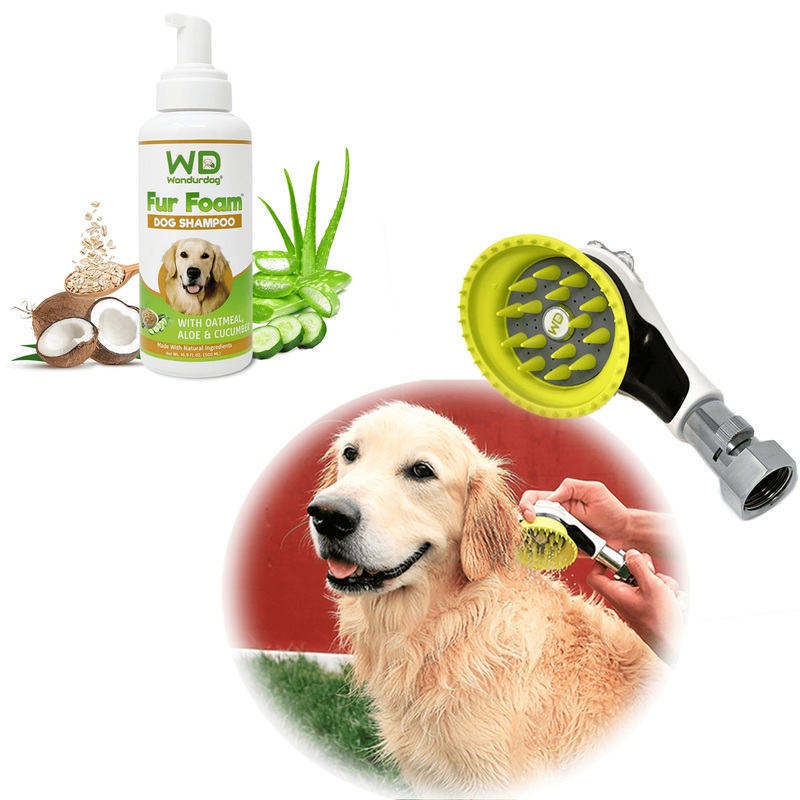 Outdoor Garden Hose Nozzle for Dog Washing + Fur Foam Dog Shampoo