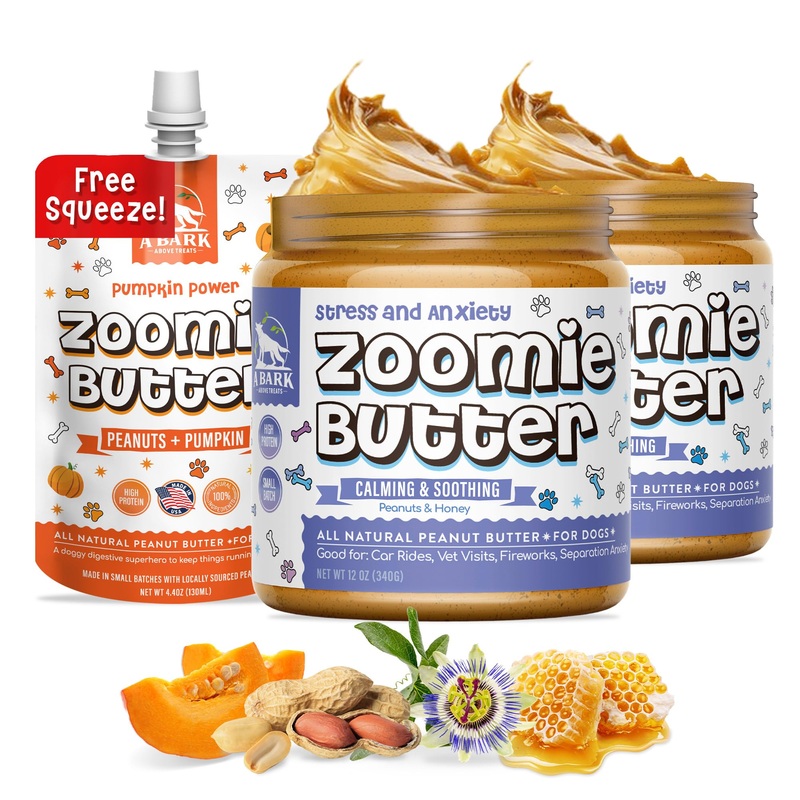 All Natural Calming 2-Pack + Free Pumpkin Power Squeeze | Human Grade, Healthy Dog & Puppy Supplements for Separation Anxiety, Behavior & Shiny Coat | Grown & Made in USA