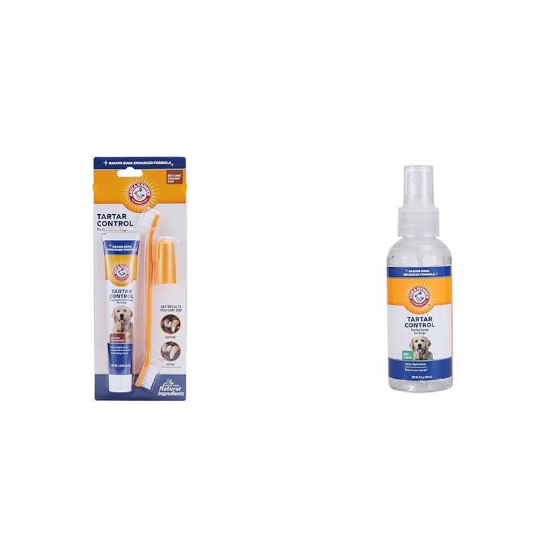 Arm & Hammer Tartar Control Bundle for Dogs: Tartar Control Kit in Beef Flavor (Toothpaste, Toothbrush, Fingerbrush) and Tartar Control Dental Spray, 4 Fl Oz
