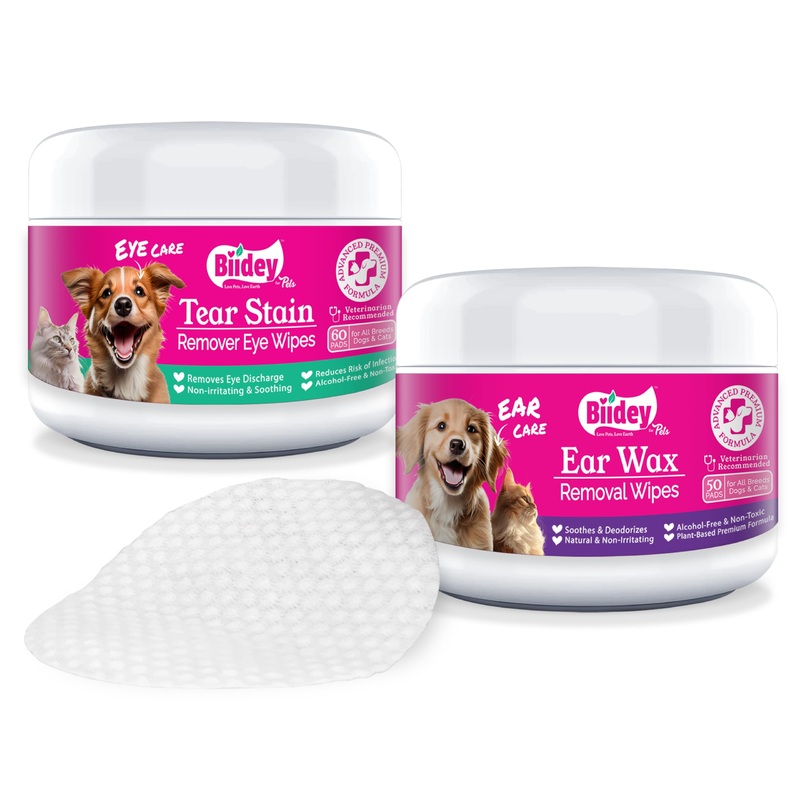 Dog, Cat Care & Grooming Deluxe Bundle – Eye Wash Wipes Tear Stain Remover & Ear Cleaner Wax Removal Wipes