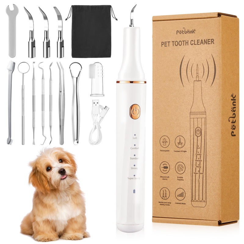 Dog Plaque Remover for Teeth Rechargeable, 12-in-1 Dog Tooth Brushing kit with LED Light, 5 Modes Ultrasonic Dog Teeth Cleaning Tools, Finger Toothbrush Tartar Remover for Dental Care,White