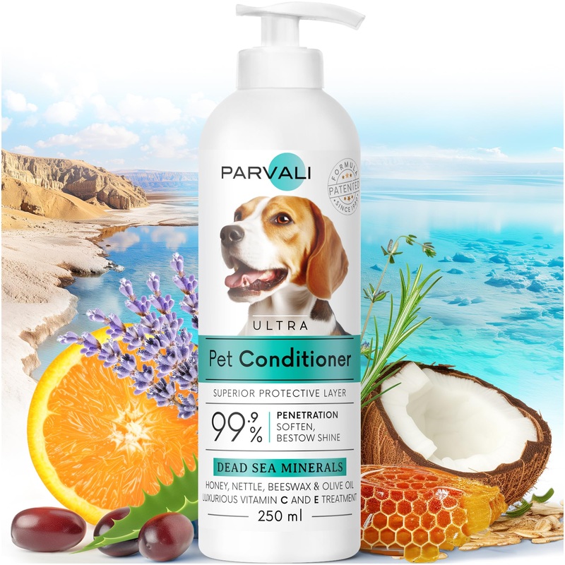 Natural Dead Sea Classic Dog Conditioner (250 ml, 8.45 fl oz). Softens and Penetrates Hair, All Breeds Anti-Dryness Protection. Fortified with Honey, Nettle, Beeswax, and Olive Oil. Enjoy! Ultra Conditioner