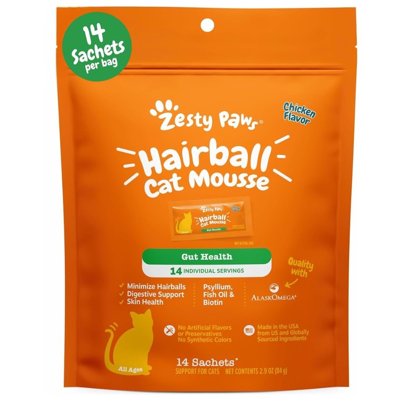 Zesty Paws Hairball Cat Mousse – Cat Treats Lickable Cat Treats Squeeze Up – Cat Squeeze Treats Furball Control – Cat Puree Tube Treats for Cat Digestive Support – Skin & Gut Health – Chicken 14ct