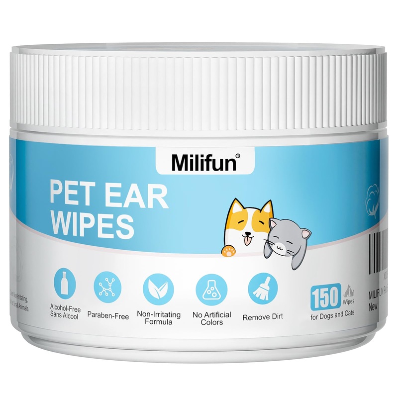 150 Count Dog Ear Cleaner Wipes, Dog Ear Wipes, Gently Remove Ear Wax, Debris – Soothes & Relieves Ear Itching, Natural Cleaning Puppy Ear Wipes, Otic Cleanser for Dogs and Cats. Round