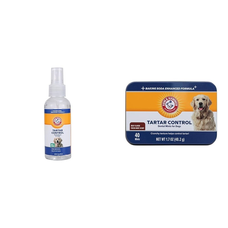 Arm & Hammer Dental Freshness Bundle for Dogs: Tartar Control Spray, Mint Flavor, 4 Fl Oz and Dental Mints in Beef Flavor, 40 Count – Reduces Plaque & Tartar Without Brushing