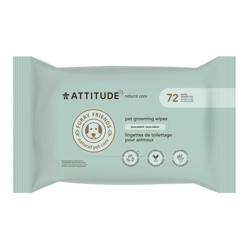 ATTITUDE Pet Grooming Wipes, Plant and Mineral-Based Ingredients, Vegan and Cruelty-Free Biodegradable Products, Unscented, 72 count