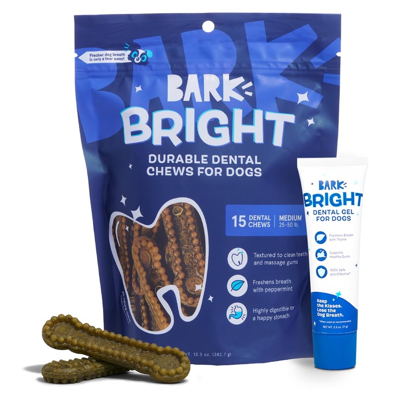 Bark Bright Durable Dog Dental Kit for Tough Chewers – 15 Chew Sticks & Toothpaste – Medium Breeds