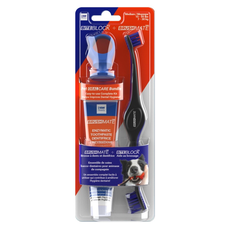 Doggy Breath to Doggy Fresh Dog Dental Care Kit Includes Enzymatic Toothpaste, Dual Brush Head Toothbrush with Angled Bristles and Blue Bite Block to Gently Keep Pets Jaw Open (Blue, Medium)