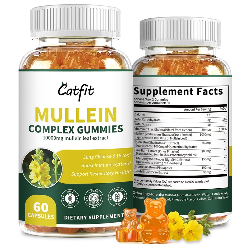 Mullein Gummies for Lungs  10,000mg Mullein Leaf Extract with Quercetin, Elderberry for Respiratory & Immune Support, Lung Cleanse, Breathing & Detox, Vegan, Pineapple Flavor, 60 Gummies