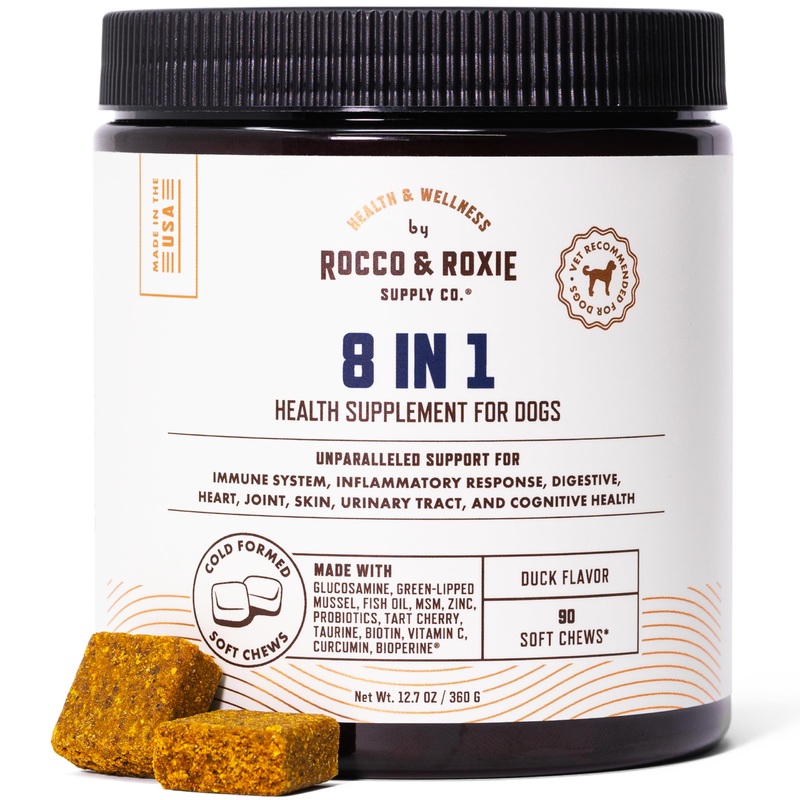 Rocco & Roxie 8 in 1 Dog Vitamins and Supplements, Glucosamine, Green Lipped Mussel Hip and Joint, Probiotics Digestive Health, Immune Skin and Coat, Puppy to Senior Chewable Multivitamin, 90 ct chews 8 in 1 90 Count