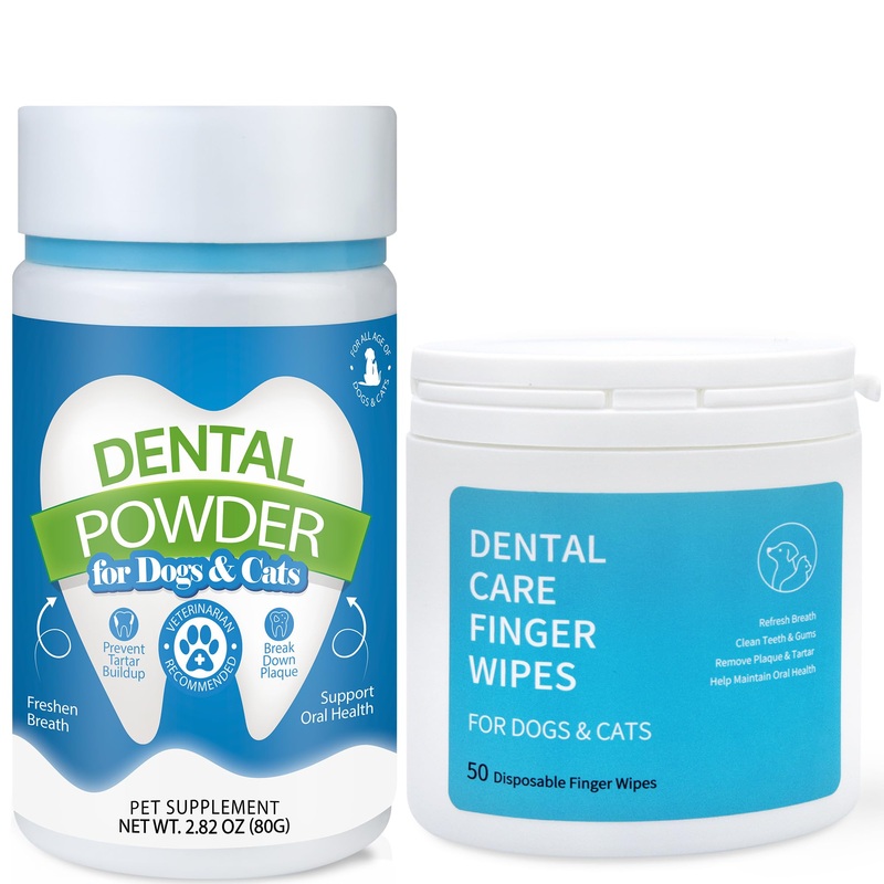 Spanielbuns Dog Dental Care Bundle – Pet Dental Wipes & Tooth Powder for Cats & Dogs – Tartar Remover, Breath Freshener, Plaque Control with Probiotics & Natural Ingredients – 50ct Pre-Soaked Wipes &