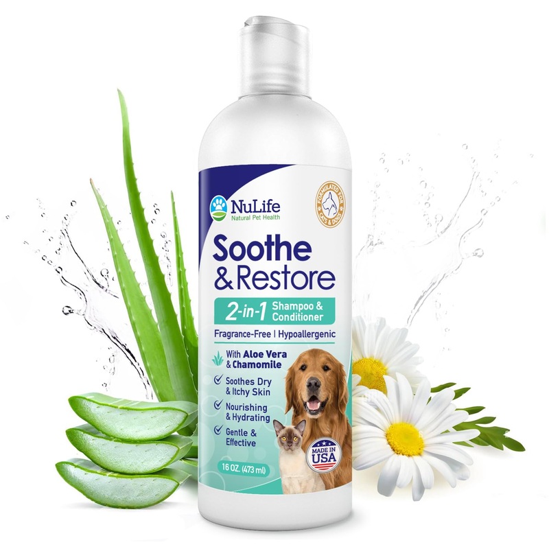 2-in-1 Dog Shampoo and Conditioner with Soothing Aloe Vera & Chamomile, Sensitive Skin, Fragrance-Free, Hypoallergenic Formula Provides Itchy Skin Relief from Dry Skin & Allergies – 16oz
