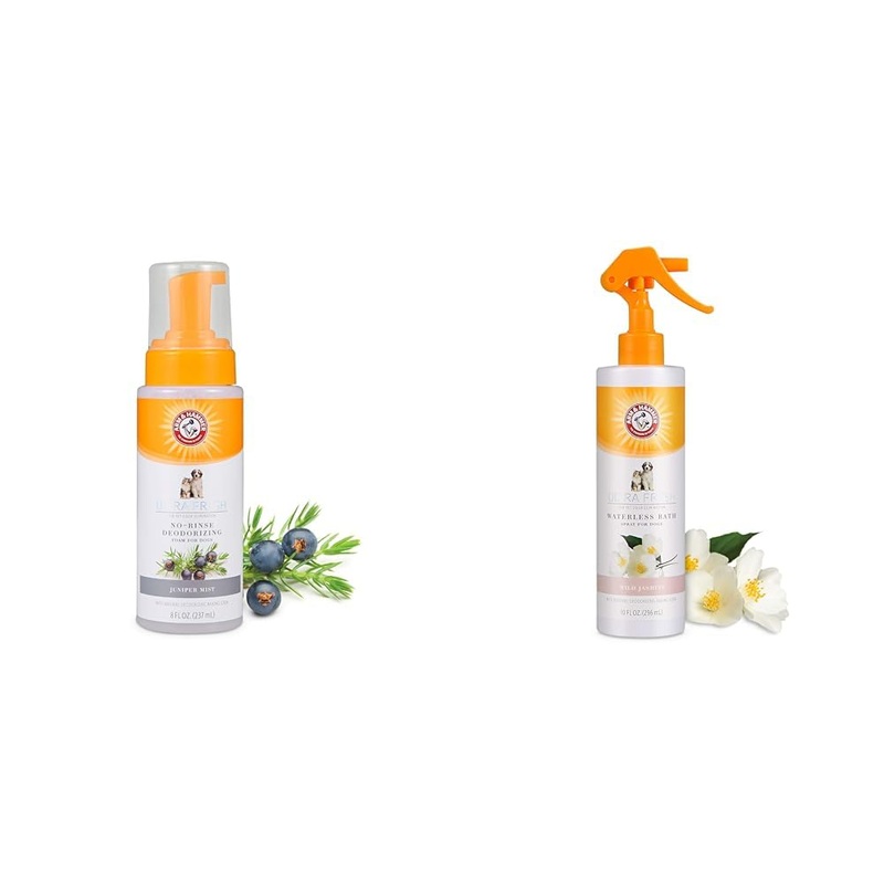 Arm & Hammer Ultra Fresh Bundle: No Rinse Deodorizing Foam, Juniper Mist Scent, 8 Fl Oz & Waterless Bath Spray, White Jasmine Scent, 10 Fl Oz – With Natural Deodorizing Baking Soda