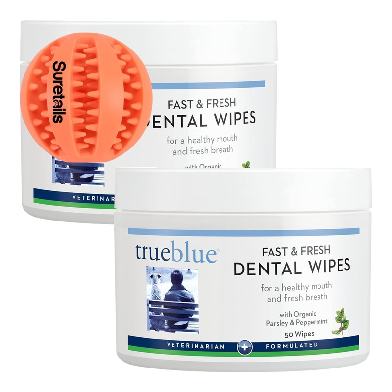 Dental Dog Wipes, 50 Wipes, Freshen Breath & Reduce Plaque with Parsley & Peppermint, Easy Oral Care, 50 Pads Teeth Cleaning Chew Ball, Non-Toxic, All Breeds [Pack of 2]