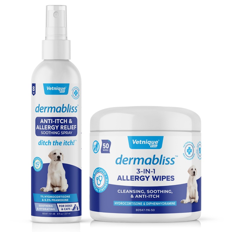 Dermabliss 3-in-1 Wipes and Dermabliss Anti-Itch & Allergy Relief Spray (8oz) Bundle Seasonal Allergy Wipes for Dogs with Itchy Skin Plus Targeted Itch Relief Hydrocortisone Spray for Dogs