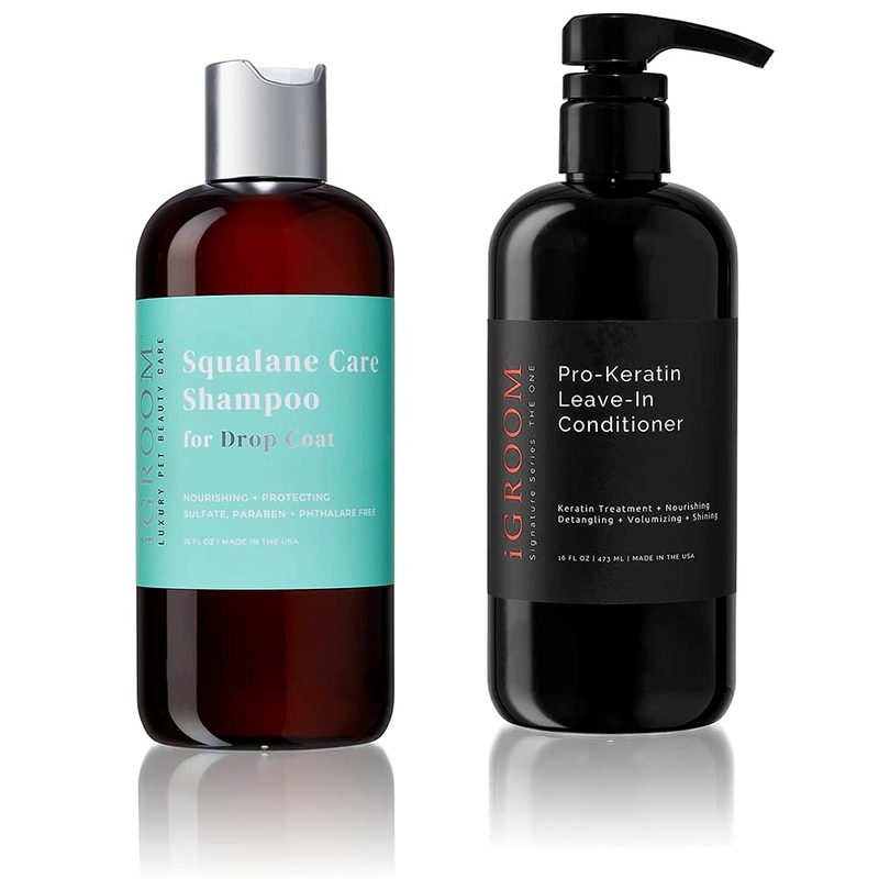 iGroom Dog Shampoo + Dog Conditioner Groomers Bundle – Squalane Care Dog Shampoo for Dropcoats, Strong and Healthy Hair, 16 oz – Pro-Keratin Leave-in Dog Conditioner, Excellent Detangling, 16 oz
