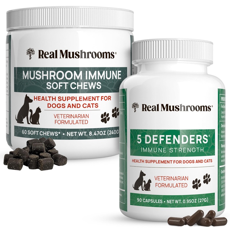 Real Mushrooms Immune Pet Chews (60ct) & 5 Defenders Pet Support (90ct) – Bundle for Immune Strength – Chaga, Shiitake, Reishi, Turkey Tail, Maitake, Ashwagandha, Astragalus & More – Vegan, Non-GMO