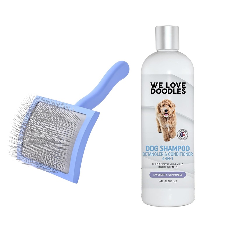 We Love Doodles Large Curved Slicker Brush and 4-in-1 Dog Shampoo (Lavender) Bundle – Goldendoodle Brush for Dematting & Shedding – Shampoo for Goldendoodles, Poodles & Doodles – Made In USA