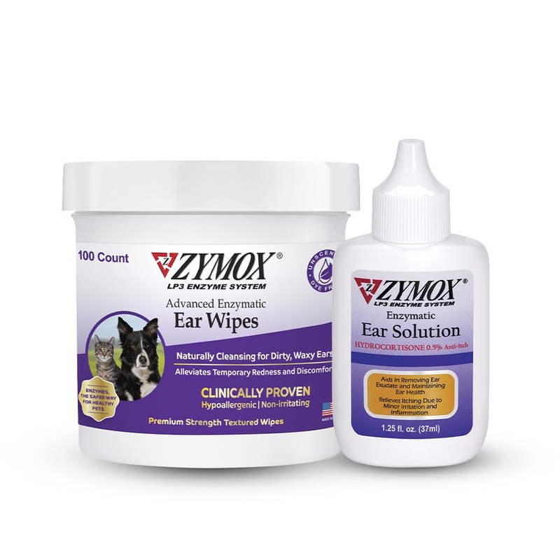 Zymox Enzymatic Ear Wipes and Ear Solution for Dogs and Cats – Product Bundle – for Dirty, Waxy, Smelly Ears and to Soothe Ear Infections