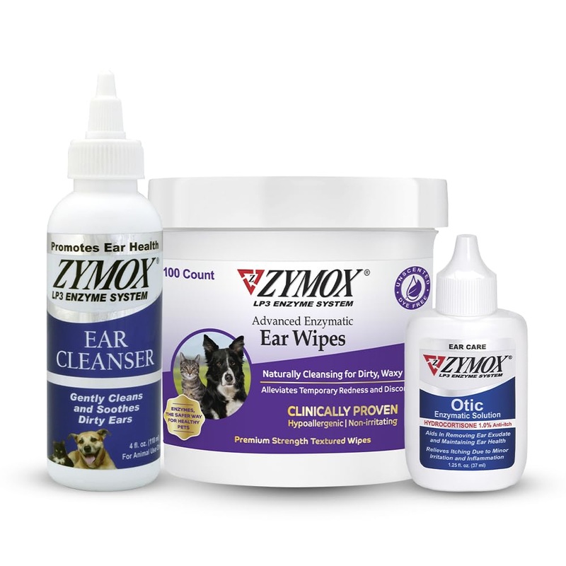 Zymox Enzymatic Ear Wipes, Ear Cleanser, & Otic Ear Solution for Dogs and Cats – Product Bundle – for Dirty, Waxy, Smelly Ears and to Soothe Ear Infections, 100 ct, 8 oz and 1.25 oz