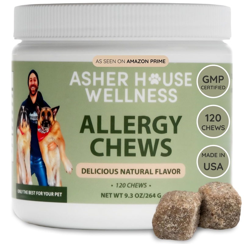 Asher House Wellness Dog Allergy Chews – All-Natural Itchy Skin Relief for Dogs with Bee Pollen, Colostrum – Licking Paw Treatment, Allergy Medicine for Dogs Over 12 Weeks, 120 Chews