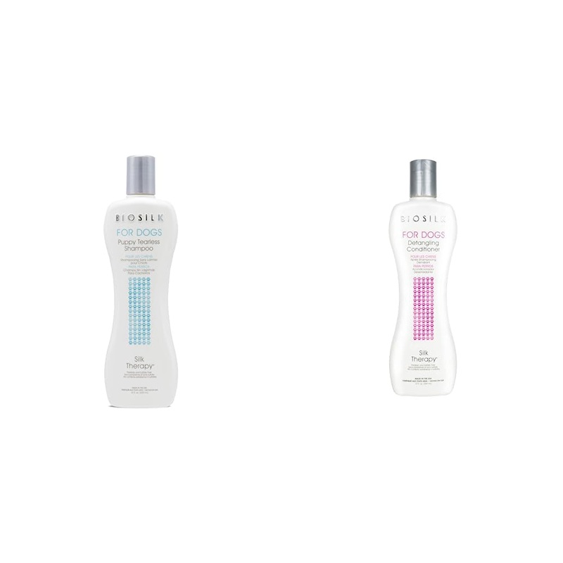 BioSilk for Dogs Puppy Shampoo & Detangling Conditioner Bundle, 12 Fl Oz Each | Tearless Shampoo for Puppies, Matted Hair Detangler for Dogs | Made in The USA