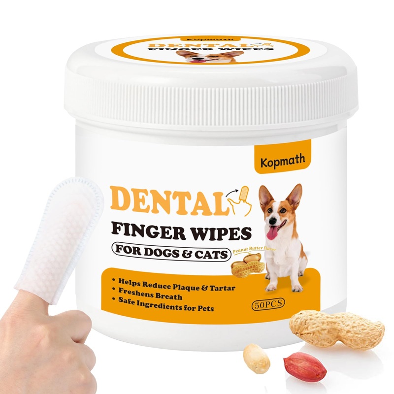 Dental Care Finger Wipes for Dogs & Cats, Reduces Plaque & Tartar Freshens Breath, Pre-Soaked Pet Teeth Wipes, Easy to Use Disposable Oral Cleaning Pads, Peanut Flavor Peanut Butter 50 Count