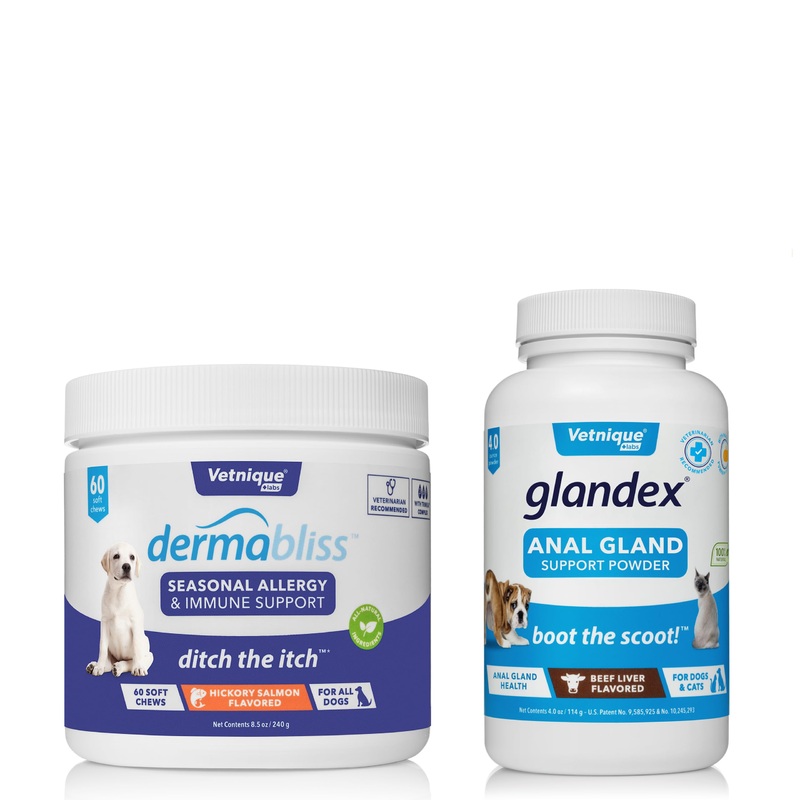 Glandex Fiber Supplement for Dogs Beef Liver Powder 4.0oz and Dermabliss Allergy Chews 60ct Hickory Salmon, Dog Vitamins and Supplements, Dog Allergy Chews Bundle