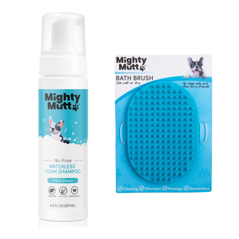 Mighty Mutt Waterless Dry Shampoo for Dogs + Detangling Rubber Brush | Hypoallergenic, de-Shedding and de-tangling | 2 Pack Bundle
