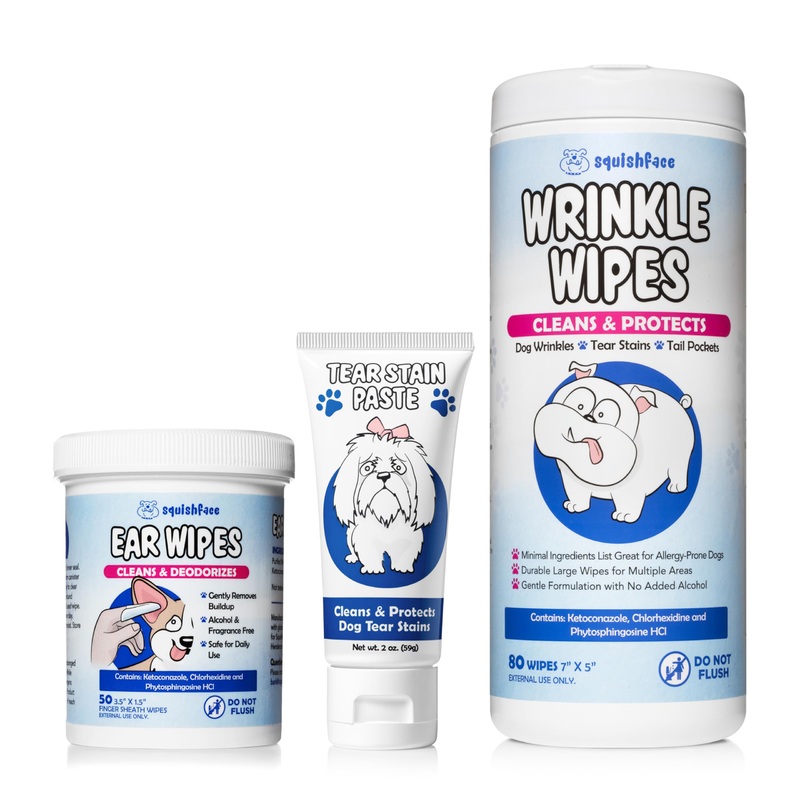 Squishface Tear Stain Paste + Wrinkle Wipes + Dog Ear Wipes Bundle – for Dogs with Wrinkles, Tear Stains, Tail Pockets, Irritated Paws & More – Great for All Breeds!