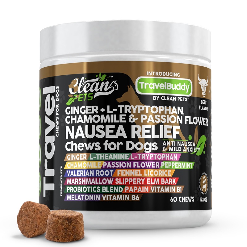 Travel Chews Nausea Relief for Dogs | Ginger L-Tryptophan Chamomile Passion Flower L-Theanine Peppermint Valerian Root Fennel Licorice Root Marshmallow Root Slippery Elm Melatonin Travel Buddy Chew 60 Count (Pack of 1)