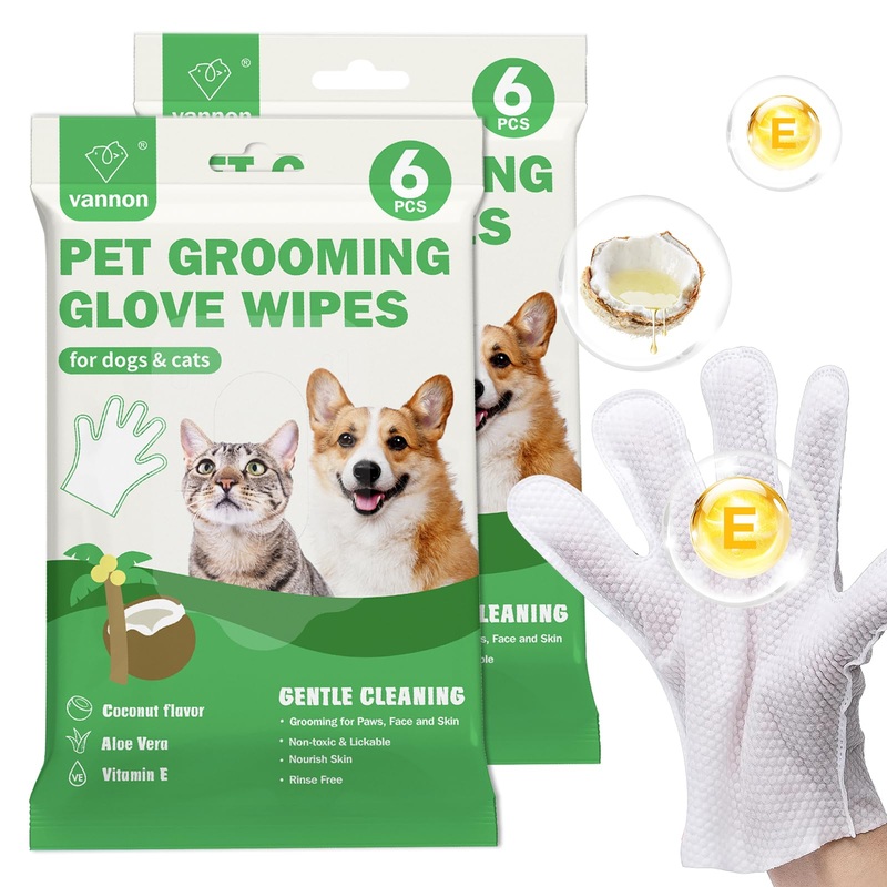 Vannon Extra Thick Pet Bathing Wipes for Dogs & Cats, Cleaning & Odor-Controlling Grooming Gloves, Nourish Fur Glove Wipes for Daily Care and Traveling, Rinse Free, Coconut Scent, 2 Pack, 12 PCS B-Coconut Scent 2pack