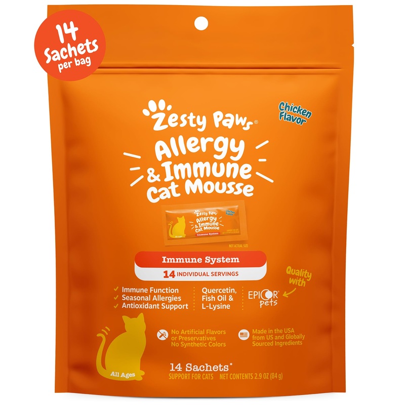 Zesty Paws Allergy & Immune Mousse for Cats – Cat Puree Tube Treats – Lickable Cat Treats Squeeze up for Immunity, Skin Health & Antioxidant Support – Chicken 14ct