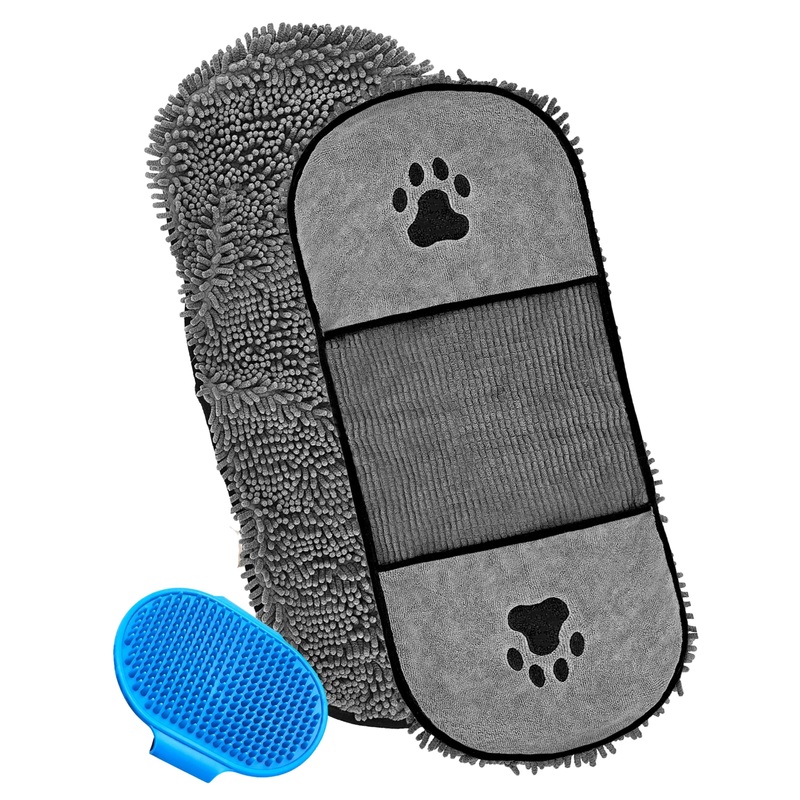 2 Pcs Dog Towels – Microfiber Chenille with Silicone Pet Brush
