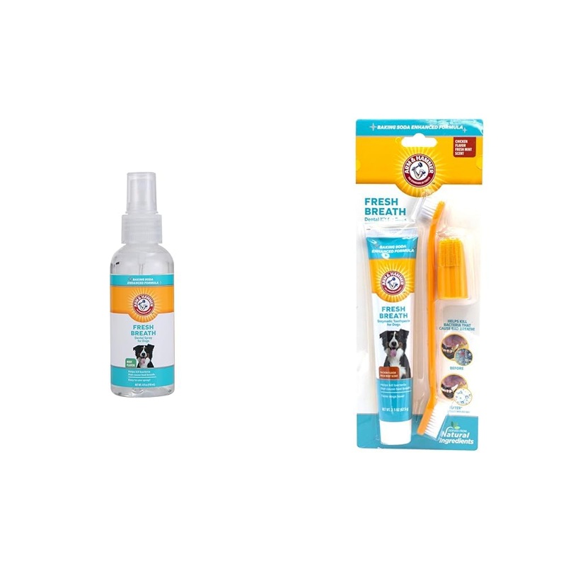 Arm & Hammer Fresh Breath Bundle for Dogs: Dental Spray in Mint Flavor, 4 Fl Oz and 3-Piece Dental Kit (Toothpaste, Toothbrush, Fingerbrush) in Chicken Flavor