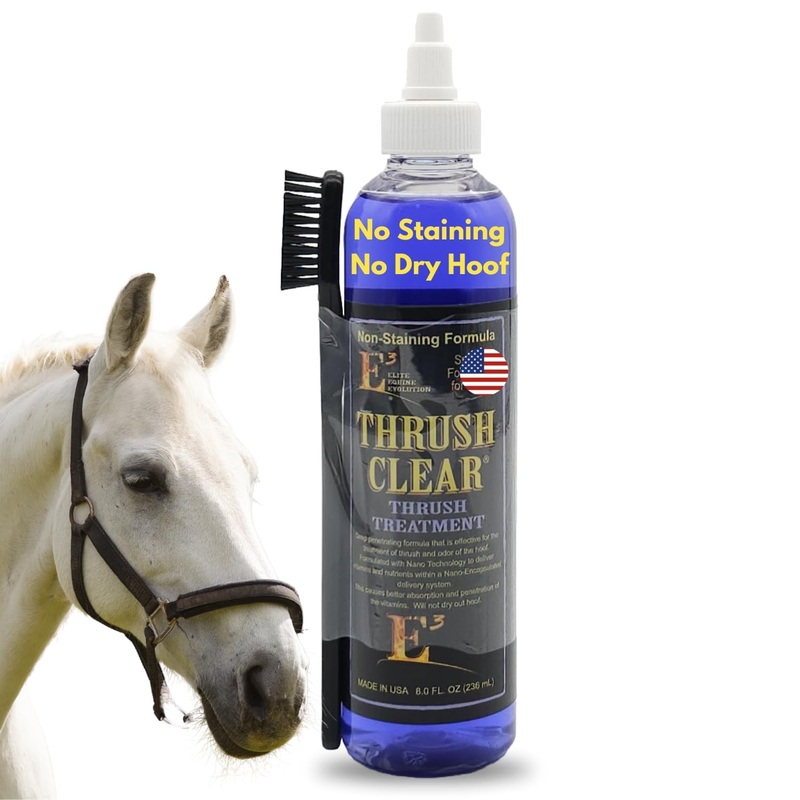 E3 Thrush Clear for Horses – 8oz – Non-Staining Quick Acting Formula. Horse Thrush Treatment. Hoof Hardener. Applicator Brush Included.