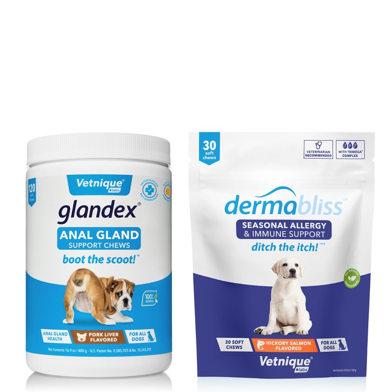 Glandex Anal Gland Support Chews 120ct Pork Liver and Dermabliss Allergy Chews 30ct Hickory Salmon Dog Vitamins and Supplements, Dog Allergy Chews, Dog Allergies Treatments Bundle