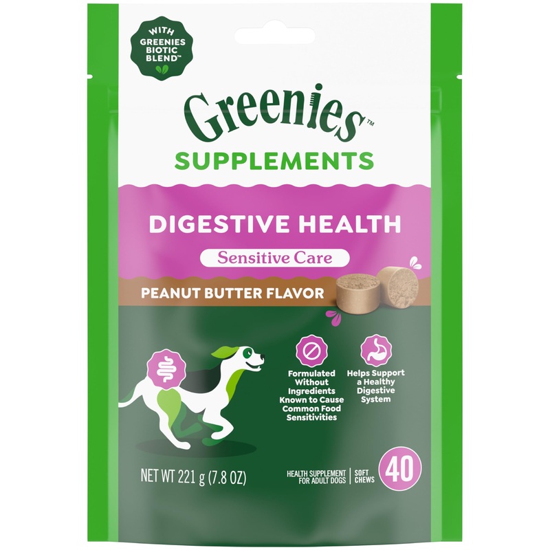 Greenies Digestive Health Sensitive Care Supplement for Dogs Soft Chews with a Probiotic for Dogs, Peanut Butter Flavor, 40 Count Pouch 40 Count (Pack of 1) brown