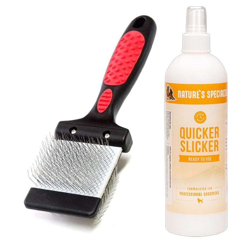 Paw Brothers Grooming Tool and Nature’s Specialties Conditioning Spray Bundle – Double Sided Flex Slicker Brush, Soft, Small – Quicker Slicker Detangling and Conditioning Spray, Ready to Use, 16 oz