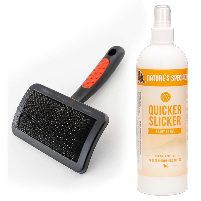 Paw Brothers Grooming Tool and Nature’s Specialties Conditioning Spray Bundle – Hard Pin Curved Slicker Brush, Medium, 3.5 in. – Quicker Slicker Detangling and Conditioning Spray, Ready to Use, 16 oz