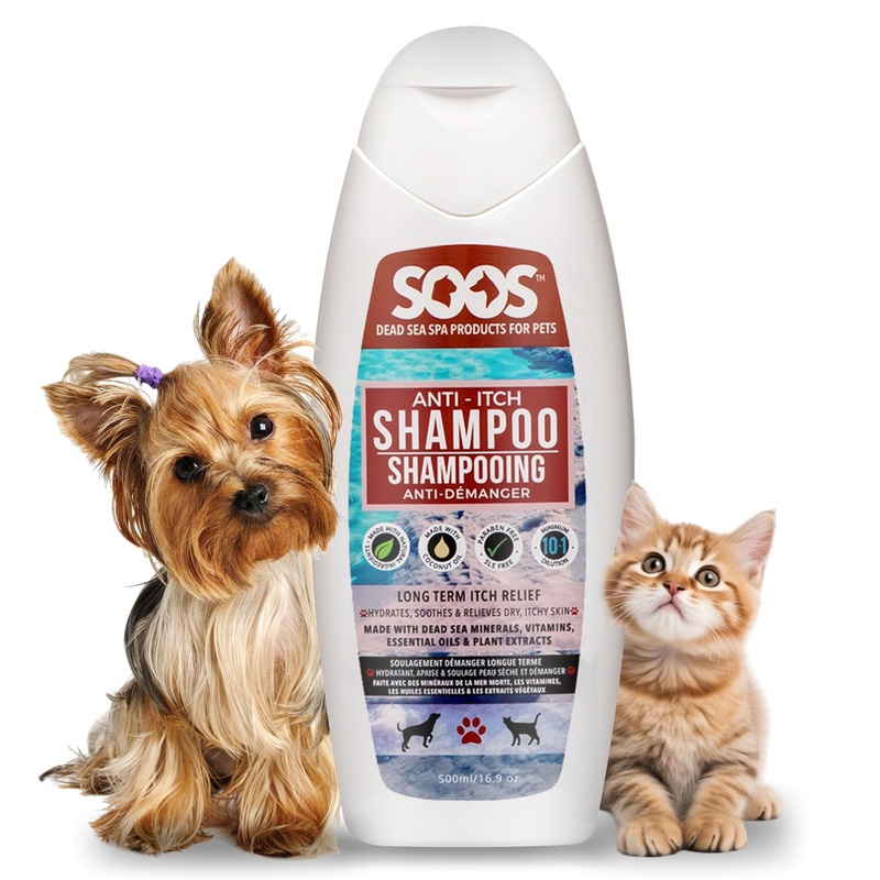 Soos Pet Dog Shampoo for Cats and Pets Anti-Itch Dead Sea Minerals Fast Absorbing Clean Fur with Vitamins Essential Oils Natural Ingredients Antiba-cterial and Antif-ungal – 1x Pet Shampoo (500ml)