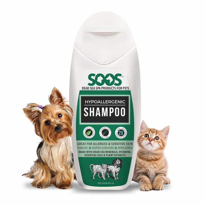 Soos Pet Shampoo Hypoaller-genic Cat and Dog Shampoo Natural Dead Sea Minerals Fast Absorbing Soothes Skin Irritation with Vitamins Essential Oils – 1 Pack (250ml)