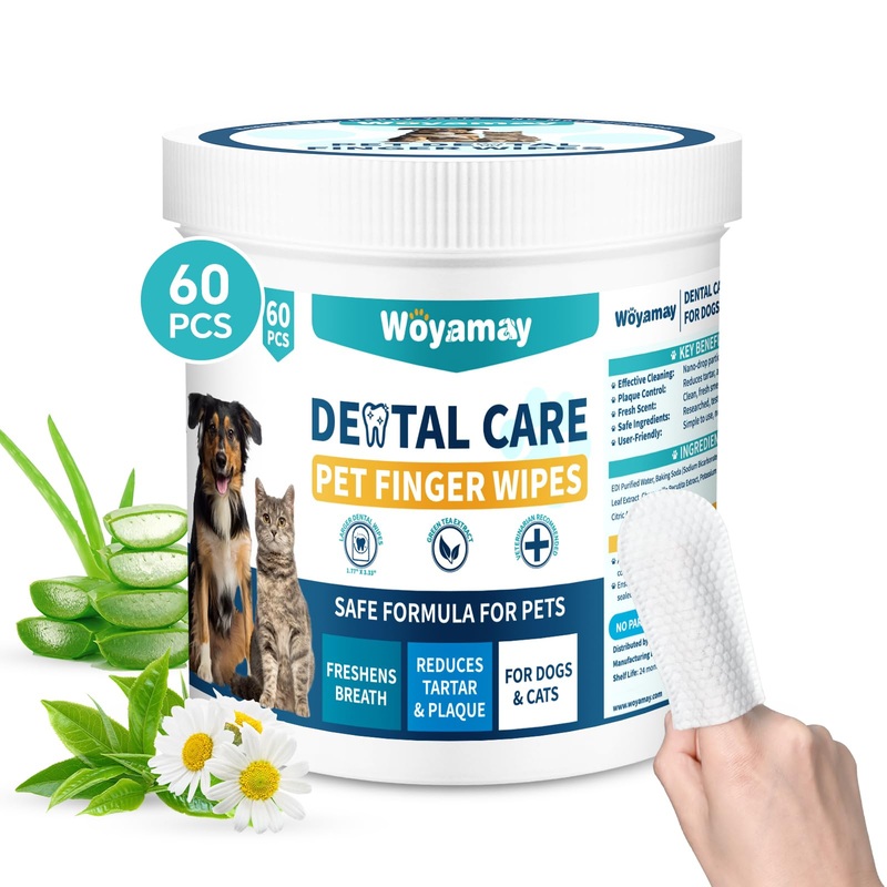 Teeth Cleaning Wipes for Dogs & Cats, Dental Wipes for Reducing Plaque & Tartar for Cats and Dogs, Disposable Gentle Breath Freshener Dental and Gum Care Finger Pet Wipes, 60 Counts 1.77″ Wipe-60Pcs
