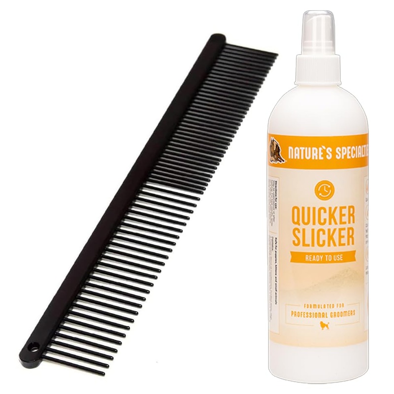 Paw Brothers Grooming Tool and Nature’s Specialties Conditioning Spray Bundle – Greyhound Style Comb, Teflon, Fine/Coarse., 7.5 in – Quicker Slicker Detangle and Condition Spray, Ready to Use, 16 oz